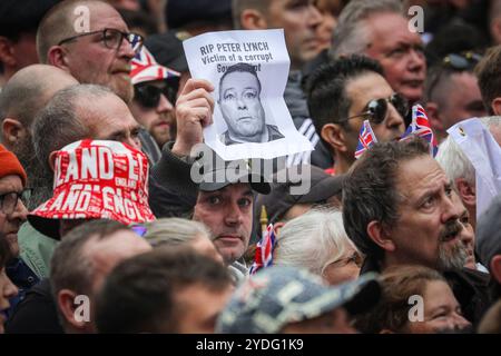 Londra, Regno Unito. 26 ottobre 2024. Folle di manifestanti sono alla fine di Whitehall, Piazza del Parlamento, per ascoltare gli oratori. La protesta "Uniting the Kingdom" organizzata per conto di Stephen Yaxley-Lennon (Tommy Robinson) vede migliaia di persone marciare dalla stazione Victoria a Whitehall e poi riunirsi a sostegno di Robinson. Crediti: Imageplotter/Alamy Live News Foto Stock