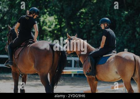 Due cavalieri a cavallo durante una lezione di sole Foto Stock