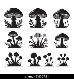 Set di silhouette a fungo su sfondo bianco Illustrazione Vettoriale