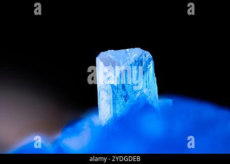 Cristalli Cavansite blu su stilbite. Esemplare proveniente dalla cava di Wagholi, Pune, Maharashtra, India. Micro Photography primi piani estremi. minerale per microscopio Foto Stock
