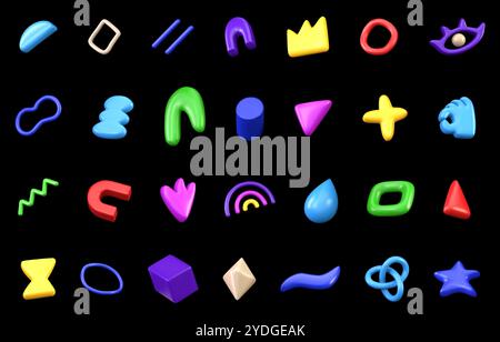 Set vettoriale 3D di diverse forme astratte luminose di doodle su sfondo nero. Ampia gamma di elementi decorativi e colorati dal design luminoso. Impostato in 3d p Illustrazione Vettoriale
