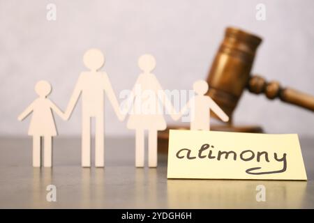 Biglietto con la parola Alimony e figure di famiglia sul tavolo grigio, primo piano Foto Stock