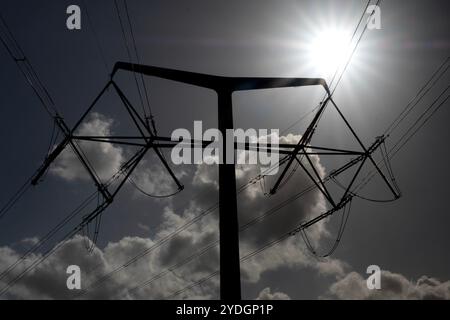 I tralicci T-Pylons vicino a Portbury, Somerset, portano energia da Hinckley Point a Severrnside. Foto Stock