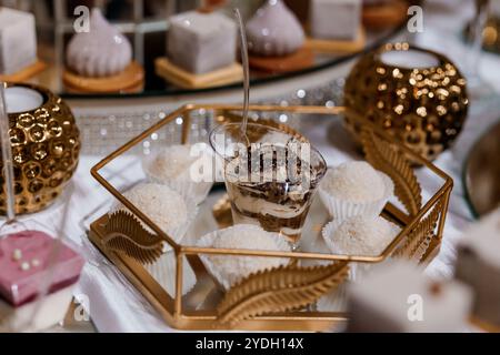 Squisita esposizione di dessert con prelibatezze gourmet e presentazione elegante. Foto Stock