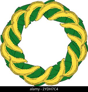 Foglie tropicali disegnate a mano e banane con cornice circolare. bordo per la carta di invito. Illustrazione isolata vettoriale. Illustrazione Vettoriale
