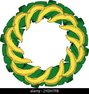Cornice gialla a banana con foglie. Modello circolare di frutta esotica. Illustrazione del vettore retrò. Inserire il testo. Design per invito, banner, CA Illustrazione Vettoriale
