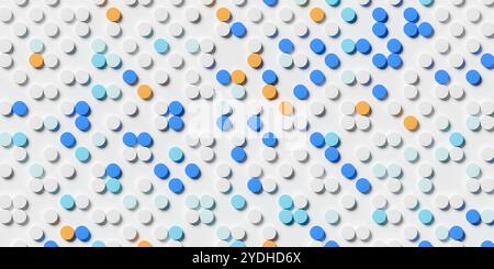 Griglia di puntini blu e arancioni su sfondo bianco, informazioni astratte sull'azienda o sui dati, vista dall'alto in piano, illustrazione 3D. Foto Stock