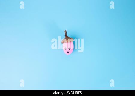 Granoturco con corpo verniciato rosa e cappuccio marrone, punti neri per gli occhi, bocca circolare nera piccola, sfondo azzurro. Arte creativa della natura, decorazioni stravaganti Foto Stock