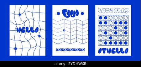 Poster blu moderni con elementi di design divertenti e caratteri spumanti. Illustrazione monocromatica retrò futuristica con griglie e divertente forma geometrica. Illustrazione Vettoriale