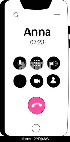 Schermo dello smartphone che mostra la chiamata in corso con Anna nell'illustrazione del vettore piatto che simboleggia la comunicazione digitale e la tecnologia mobile, isolato su Illustrazione Vettoriale