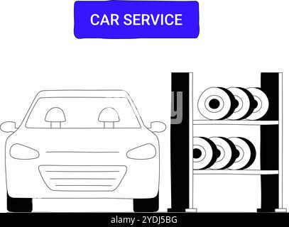 Car in Service Station con pneumatici di scorta in Flat Vector illustrazione che simboleggia la manutenzione del veicolo, la riparazione automatica e la sostituzione degli pneumatici, isolata su Illustrazione Vettoriale