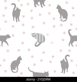 Sagome grigie di gatti in pose diverse e tracce rosa di zampe di gatto su sfondo bianco Illustrazione Vettoriale