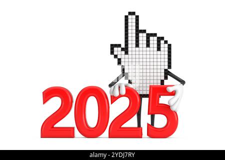 Cursore a mano pixel personaggio Mascotte con segno di Capodanno 2025 su sfondo bianco. Rendering 3d. Foto Stock