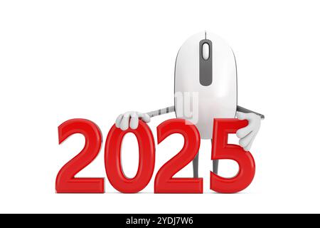 Mouse per computer personaggio Cartoon Mascotte personaggio con il segno rosso di Capodanno 2025 su sfondo bianco. Rendering 3d. Foto Stock