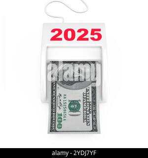 Guadagna con il concetto di Capodanno 2025. Money Maker 2025macchina di Capodanno con Dollars Banknote su sfondo bianco. Rendering 3d. Foto Stock