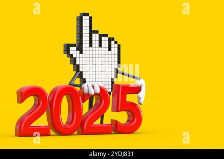 Cursore a mano pixel personaggio mascotte con segno di Capodanno 2025 su sfondo giallo. Rendering 3d. Foto Stock