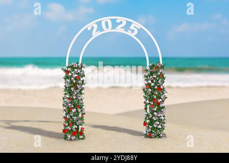 Benvenuti al concetto di Capodanno 2025. Splendido arredamento Arc, Gate o Portal with Flowers e 2025 Sign on an Ocean deserted Coast Extreme Closeup. Rendering 3d. Foto Stock