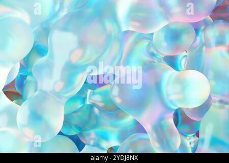 Sfondo astratto con forme iridescenti, traslucide e fluide nelle sfumature blu, viola e rosa, che ricordano una superficie olografica liquida, estr Foto Stock