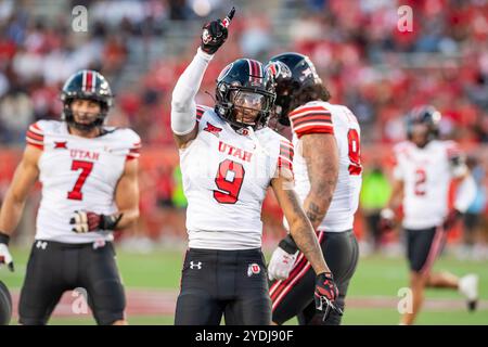 26 ottobre 2024: Il cornerback degli Utah Utes Elijah Davis (9) celebra una sosta difensiva durante una partita tra gli Utah Utes e gli Houston Cougars a Houston, Texas. Trask Smith/CSM Foto Stock