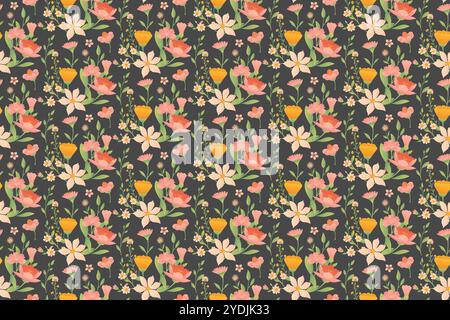 Un motivo ripetuto caratterizzato da fiori stilizzati in varie tonalità di rosa, bianco e arancione su sfondo scuro. Illustrazione Vettoriale