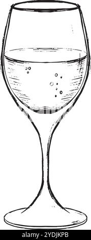Un vetro splendidamente illustrato riempito di acqua cristallina, che mostra eleganza e semplicità. Grafica vettoriale in bianco e nero disegnata a mano in line art per materiali stampati, interni e altro ancora. Illustrazione Vettoriale