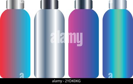 Quattro bottiglie colorate con argento rosso cielo blu rosa e blu isolato Illustrazione Vettoriale