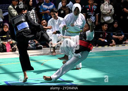 Tangerang sud, Indonesia. 27 ottobre 2024. I partecipanti gareggiano durante gli studenti regionali Pencak Silat Championship categorie sotto i 12 anni nel sud di Tangerang nella provincia di Banten, Indonesia, il 27 ottobre 2024. Crediti: Agung Kuncahya B./Xinhua/Alamy Live News Foto Stock