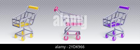 Carrello della spesa in metallo con ruote e maniglie colorate. Cartoon 3d realistico vettore vuoto per l'acquisto di generi alimentari. Illustratore dei cartoni animati Illustrazione Vettoriale
