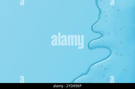 Flusso di gel sierico su sfondo blu. Illustrazione vettoriale realistica della consistenza della lozione liquida, elisir per la cura della pelle con bolle d'aria o d'olio, cosmetico per l'umidità Illustrazione Vettoriale