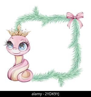 Principessa ragazza serpente rosa con ramo d'albero e arco rosa. Cornice ad acquerello in stile cartoni animati, isolata. Disposizioni per le etichette. Bella illustrazione Illustrazione Vettoriale