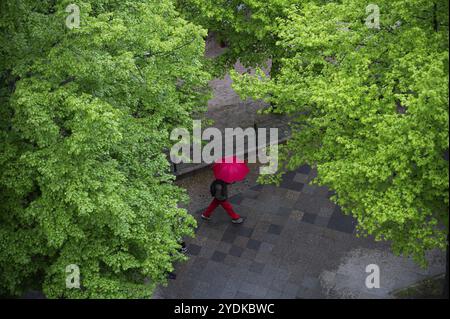 19.04.2024, Berlino, Germania, Europa, Una persona con un ombrello cammina lungo un marciapiede bagnato nel quartiere Charlottenburg-Wilmersdorf durante una pioggia Foto Stock