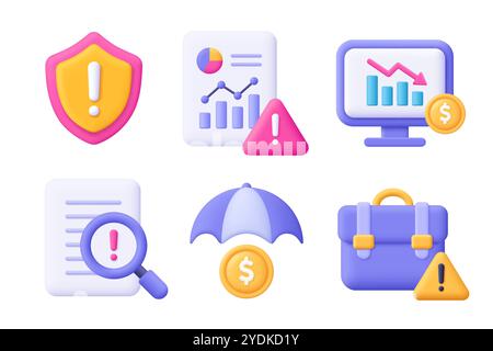 Set di icone vettoriali 3d per la gestione dei rischi e dei rischi aziendali. Scudo, cartella, valigetta, ombrello, moneta, file. Stile minimalista cartoni animati. Illustrazione Vettoriale
