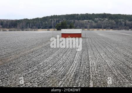 Fienile di legno rosso in un campo leggermente innevato in un giorno coperto d'inverno. Sauvo, Finlandia. 26 dicembre 2019 Foto Stock