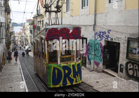 11.06.2018, Lisbona, Portogallo, Europa, Tramway Ascensor da Bica nota anche come Bica Funicular nel centro storico della capitale portoghese, Europa Foto Stock