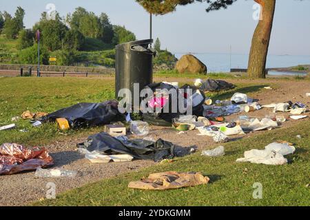 Rifiuti e sacchetti della spazzatura scaricati nel parco sabato sera. La lettiera causa di inquinamento, kiils fauna selvatica e facilita la diffusione di malattie. K Foto Stock