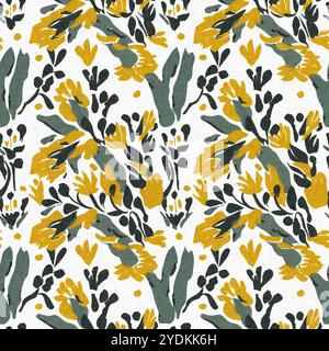 Moderno motivo blockprint in tessuto stampato con fiori selvatici e texture in lino. Motivi floreali boho scuri disegnati a mano stilizzati per elementi di design decorativi Foto Stock