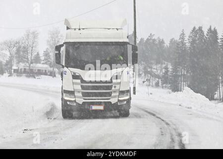 Il semi-camion bianco Scania procede su una stretta strada in curva in una giornata di nevicata invernale. Salo, Finlandia. 22 gennaio 2021 Foto Stock