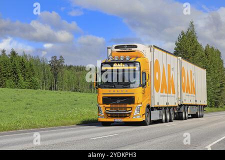 Veicolo Volvo FH giallo personalizzato per trasporto refrigerato OAK sull'autostrada 4 in una splendida giornata d'estate. Uurainen, Finlandia. 8 giugno 2019 Foto Stock