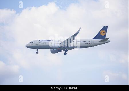 02.06.2024, Berlino, Germania, Europa, Un aeromobile passeggeri Lufthansa Airbus A320-214 con immatricolazione D-AIWA in avvicinamento all’aeroporto di Berlino-Brandeburgo Foto Stock