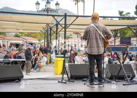 Chitarrista cantante visto da dietro, pubblico dietro, esibirsi sul palco in un evento a Mijas, Spagna. Foto Stock