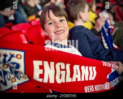 Un giovane tifoso inglese festeggia durante la partita Inghilterra contro Grecia, Euro Nations League allo stadio di Wembley, Londra. Foto Stock