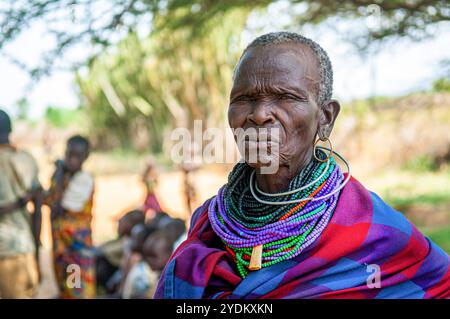 Un ritratto di una vecchia donna Pokot ad Amudat Karamoja, Uganda Foto Stock