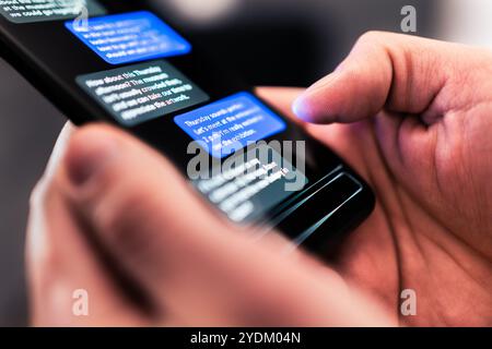 Messaggio di testo con il telefono. Chat SMS. Truffa o frode mobile. App di messaggistica di comunicazione. Primo piano macro dello schermo dello smartphone. Conversazione notturna. Foto Stock