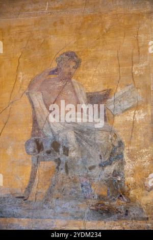 Il drammaturgo greco Menandro (342-290 a.C.) raffigurato nell'affresco romano nella Casa di Menandro (Casa del Menandro) nel sito archeologico di Pompei. Foto Stock