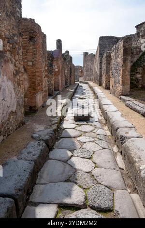 Strada lastricata di pietra con lapide, Parco Archeologico di Pompei, Napoli, Italia. Foto Stock