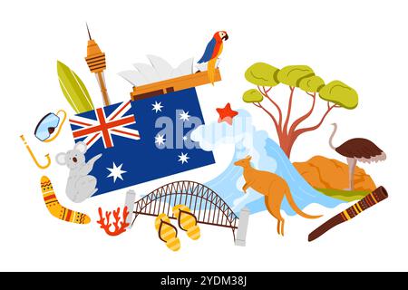 Viaggia in Australia, collage di famosi monumenti, elementi culturali e animali. Bandiera australiana e onde oceaniche surf, montagna e albero, teatro dell'opera di Sydney e illustrazione dei vettori dei cartoni animati del ponte Illustrazione Vettoriale