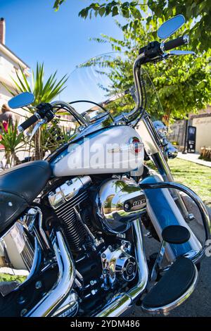 Shiny ha parcheggiato Harley Davidson in una giornata luminosa Foto Stock