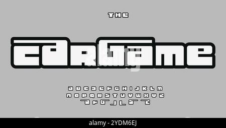 Alfabeto di gioco retrò, lettere spesse, font vintage in stile arcade per un logo di grande impatto, design tipografico arcade, divertente branding a 16 bit Illustrazione Vettoriale