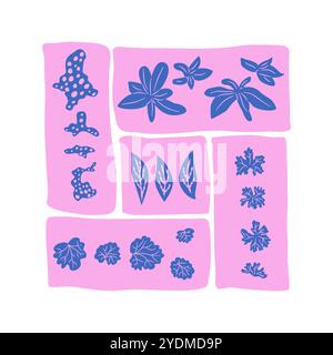 Emblema stilizzato di foglie e piante. Forme organiche vibranti in un segmento rettangolare. Illustrazione vettoriale disegnata a mano. Illustrazione Vettoriale