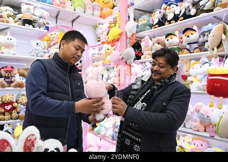 Pechino, la provincia cinese dello Zhejiang. 2 febbraio 2023. Un commerciante (R) indiano seleziona prodotti in un negozio di giocattoli in un mercato commerciale internazionale a Yiwu, nella provincia dello Zhejiang della Cina orientale, 2 febbraio 2023. Crediti: Huang Zongzhi/Xinhua/Alamy Live News Foto Stock